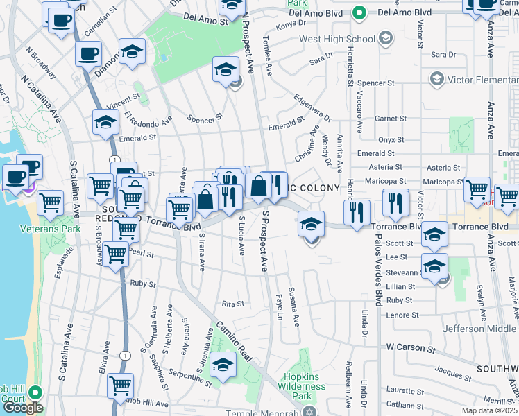 map of restaurants, bars, coffee shops, grocery stores, and more near 906 Torrance Boulevard in Redondo Beach