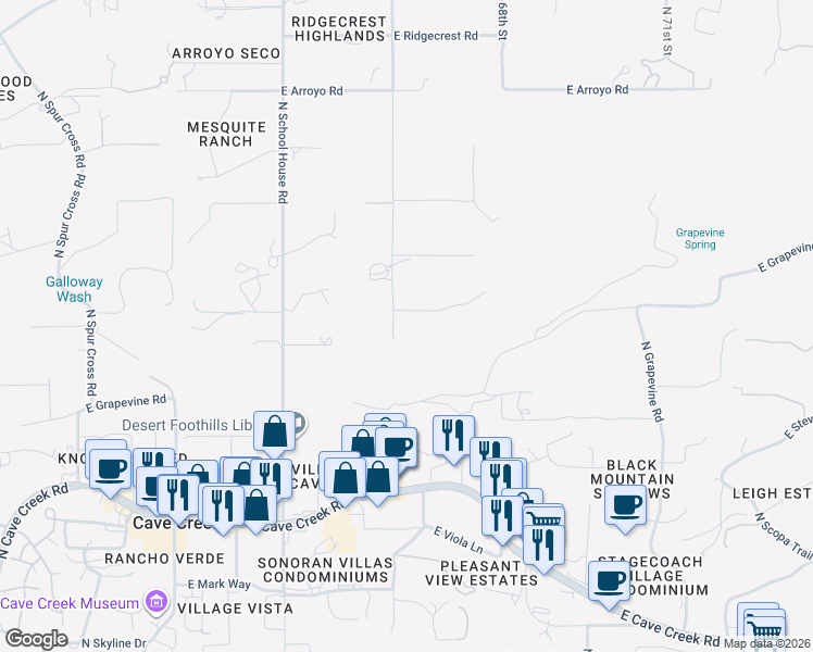 map of restaurants, bars, coffee shops, grocery stores, and more near 6611 Tanya Road in Cave Creek