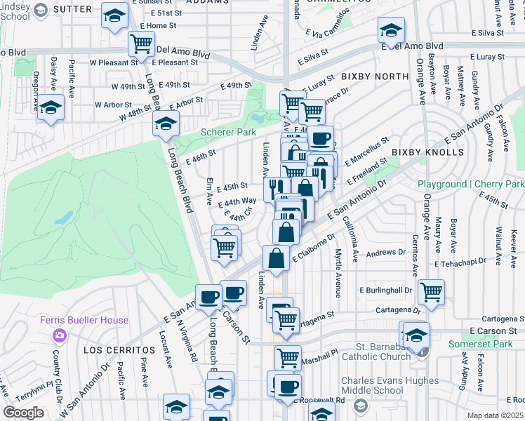 map of restaurants, bars, coffee shops, grocery stores, and more near 4461 Linden Avenue in Long Beach