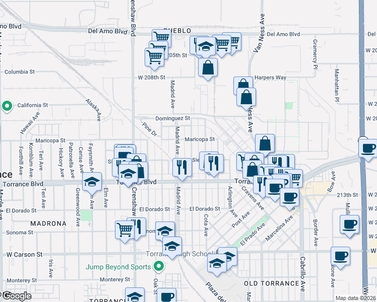 map of restaurants, bars, coffee shops, grocery stores, and more near 903 Amapola Avenue in Torrance