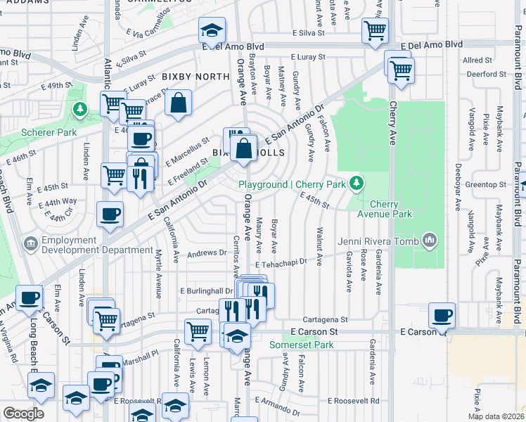 map of restaurants, bars, coffee shops, grocery stores, and more near 4440 Maury Avenue in Long Beach