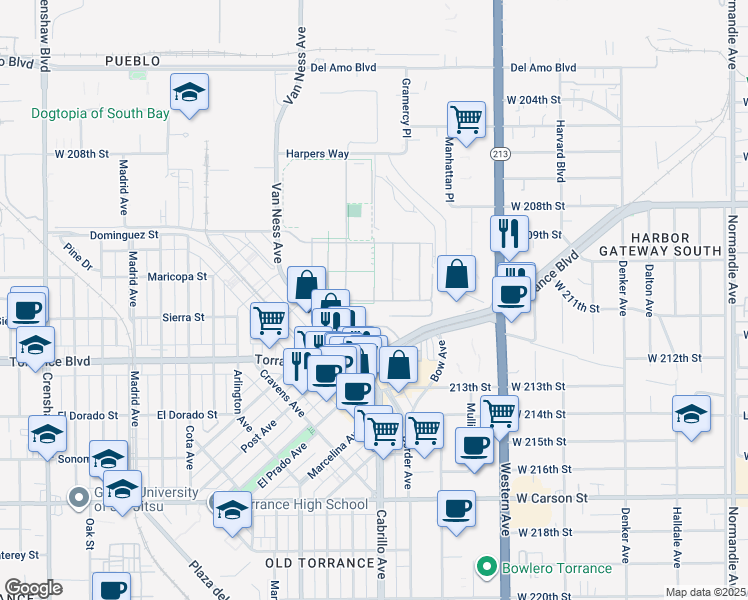 map of restaurants, bars, coffee shops, grocery stores, and more near South Avenue in Torrance