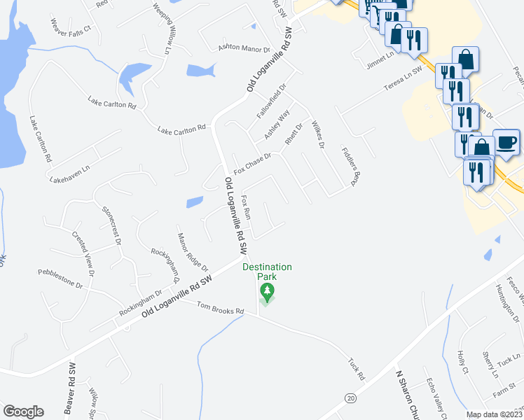 map of restaurants, bars, coffee shops, grocery stores, and more near 309 Fox Briar Court in Loganville