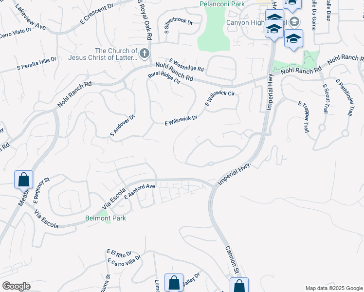 map of restaurants, bars, coffee shops, grocery stores, and more near 5347 East Big Sky Lane in Anaheim