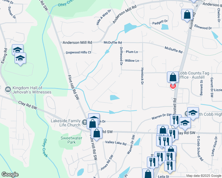 map of restaurants, bars, coffee shops, grocery stores, and more near 2274 Andy Lane in Austell
