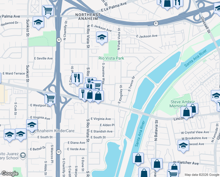 map of restaurants, bars, coffee shops, grocery stores, and more near 184 South Alice Way in Anaheim
