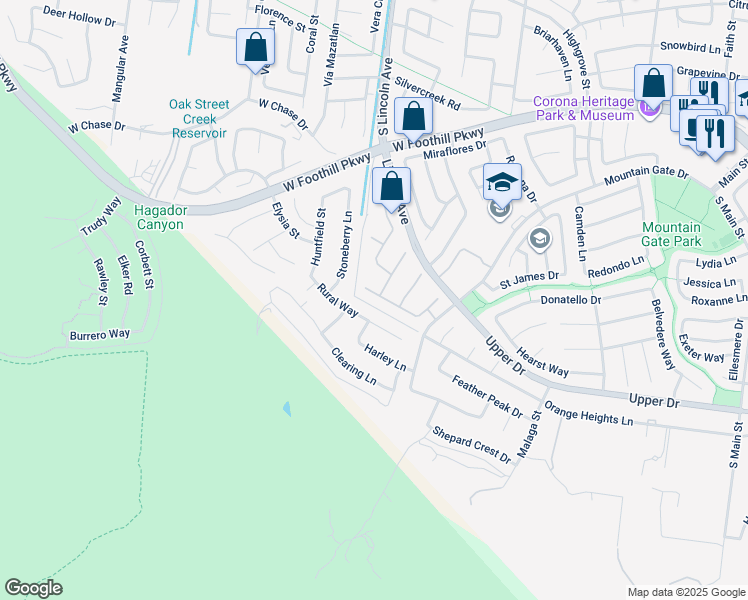 map of restaurants, bars, coffee shops, grocery stores, and more near 3324 Big Dipper Circle in Corona