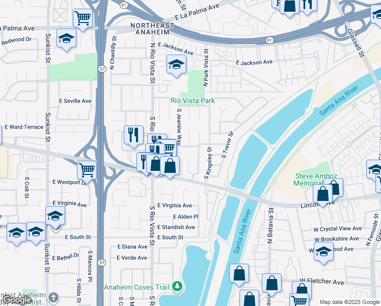 map of restaurants, bars, coffee shops, grocery stores, and more near 184 South Alice Way in Anaheim