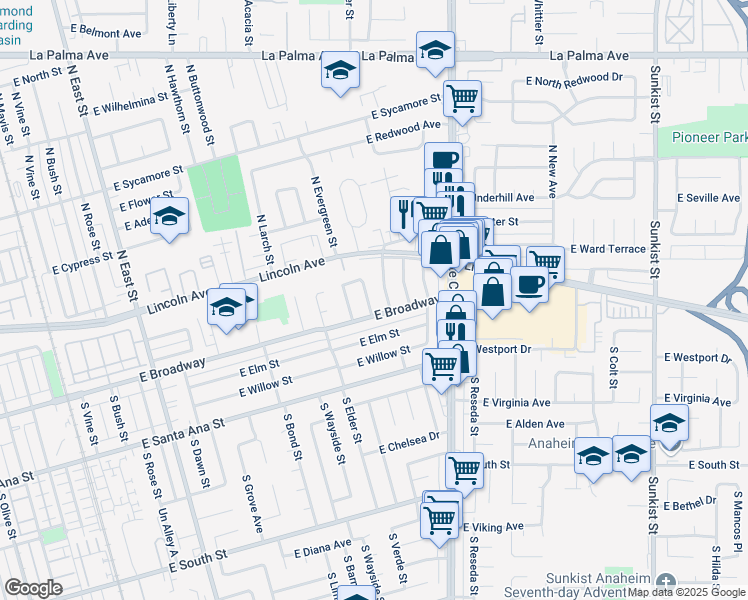 map of restaurants, bars, coffee shops, grocery stores, and more near 242 South Date Street East in Anaheim
