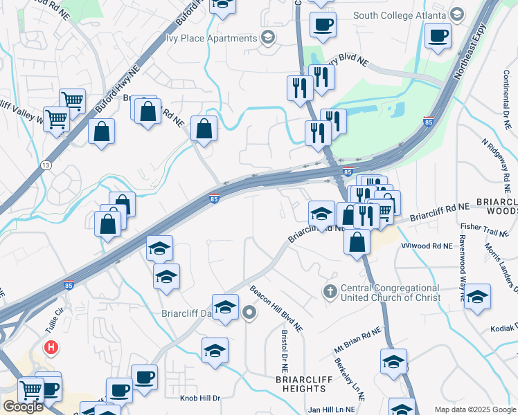 map of restaurants, bars, coffee shops, grocery stores, and more near 1905 Bruce Road Northeast in Atlanta