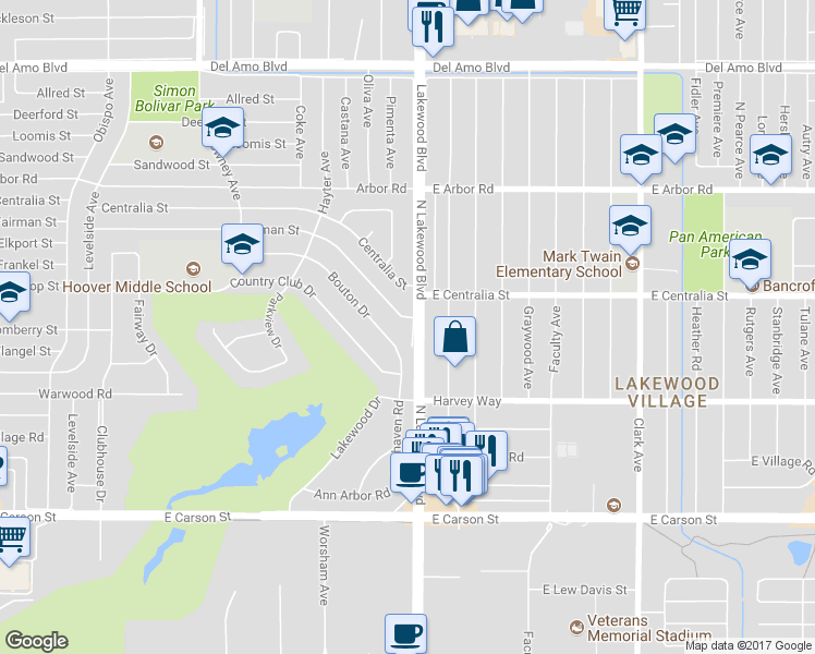 map of restaurants, bars, coffee shops, grocery stores, and more near 4425 Lakewood Boulevard in Lakewood