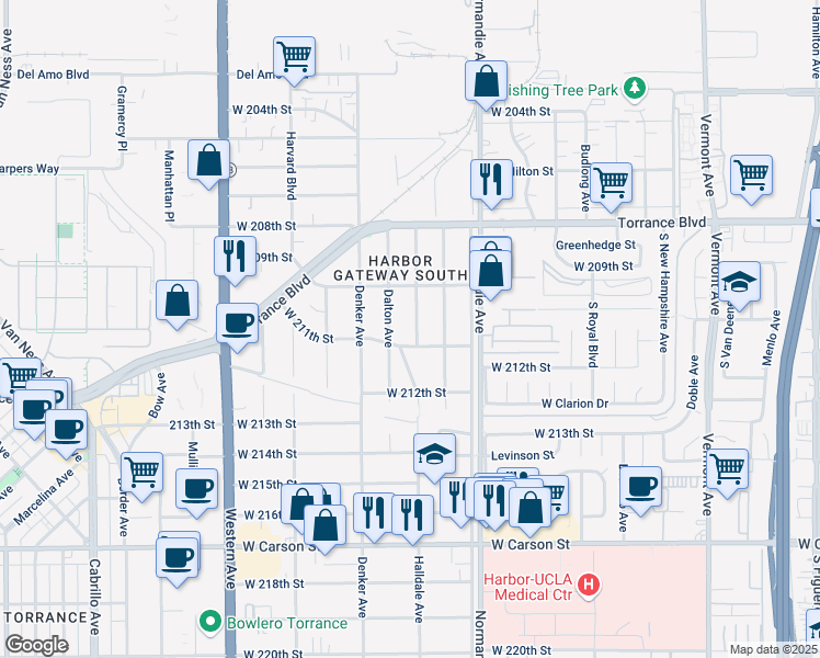 map of restaurants, bars, coffee shops, grocery stores, and more near 20943 Halldale Avenue in Torrance