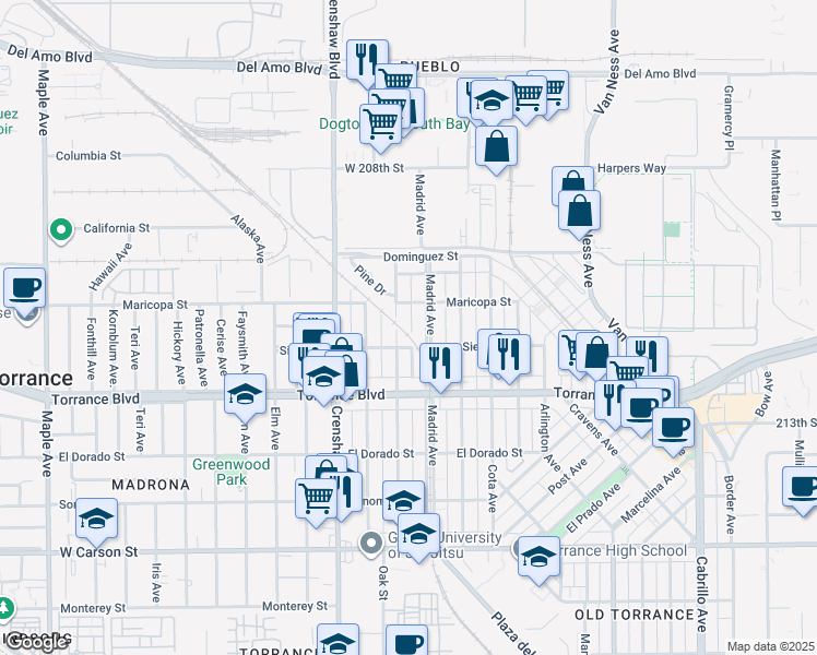 map of restaurants, bars, coffee shops, grocery stores, and more near 824 Acacia Avenue in Torrance