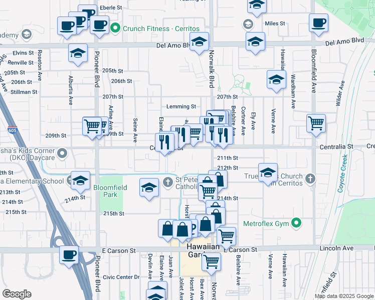 map of restaurants, bars, coffee shops, grocery stores, and more near 12102 Centralia Street in Hawaiian Gardens