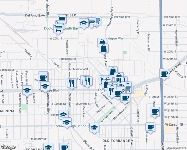 map of restaurants, bars, coffee shops, grocery stores, and more near 913 Portola Avenue in Torrance