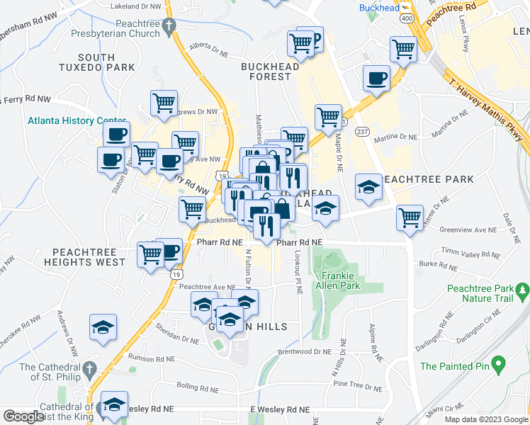 map of restaurants, bars, coffee shops, grocery stores, and more near 3060 Grandview Avenue Northeast in Atlanta