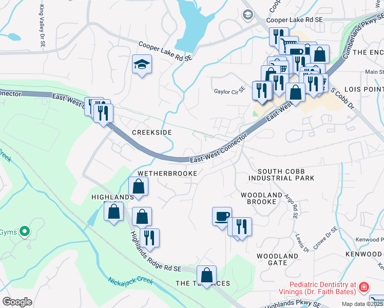 map of restaurants, bars, coffee shops, grocery stores, and more near 4691 Creekside Villas Way in Smyrna