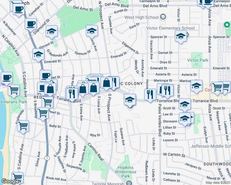 map of restaurants, bars, coffee shops, grocery stores, and more near 1010 Torrance Boulevard in Redondo Beach