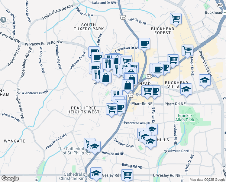 map of restaurants, bars, coffee shops, grocery stores, and more near 3057 Pharr Court North Northwest in Atlanta