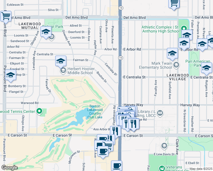 map of restaurants, bars, coffee shops, grocery stores, and more near 4048 Bouton Drive in Lakewood
