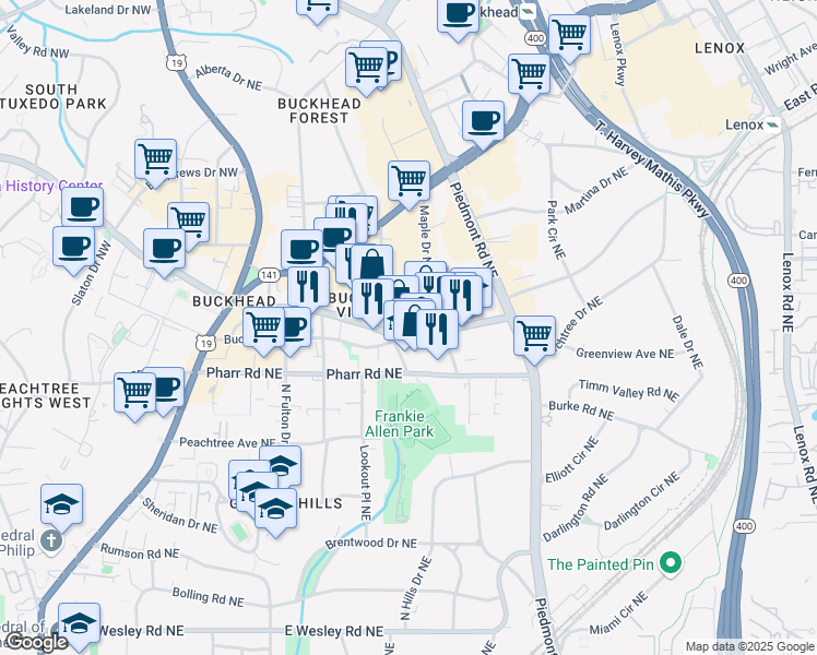 map of restaurants, bars, coffee shops, grocery stores, and more near 450 East Paces Ferry Road Northeast in Atlanta