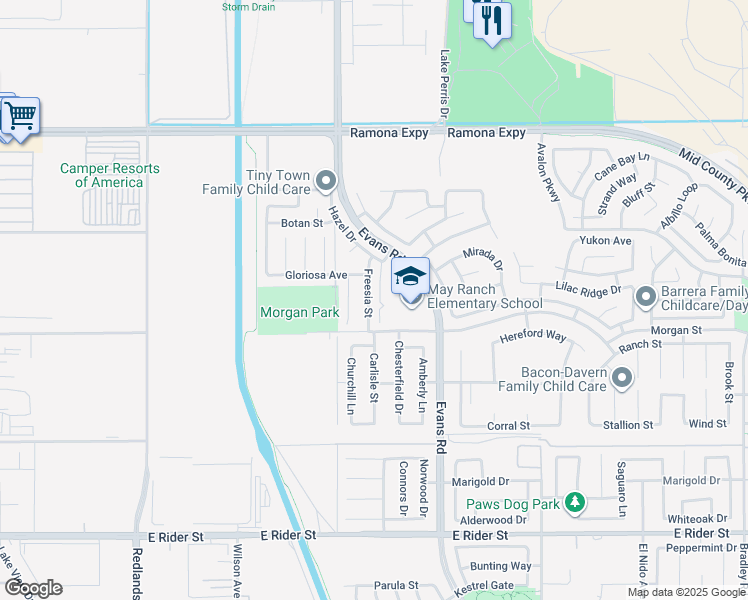 map of restaurants, bars, coffee shops, grocery stores, and more near 3649 Freesia Street in Perris