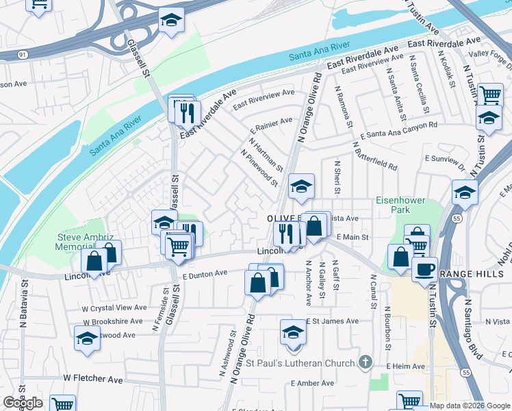 map of restaurants, bars, coffee shops, grocery stores, and more near 2943 North Cottonwood Street in Orange
