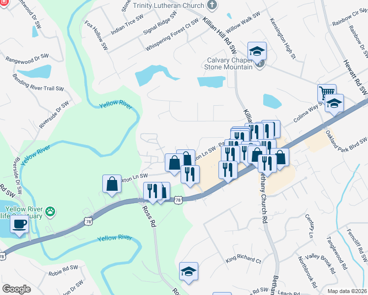 map of restaurants, bars, coffee shops, grocery stores, and more near 1970 Paxton Ridge Lane in Lilburn