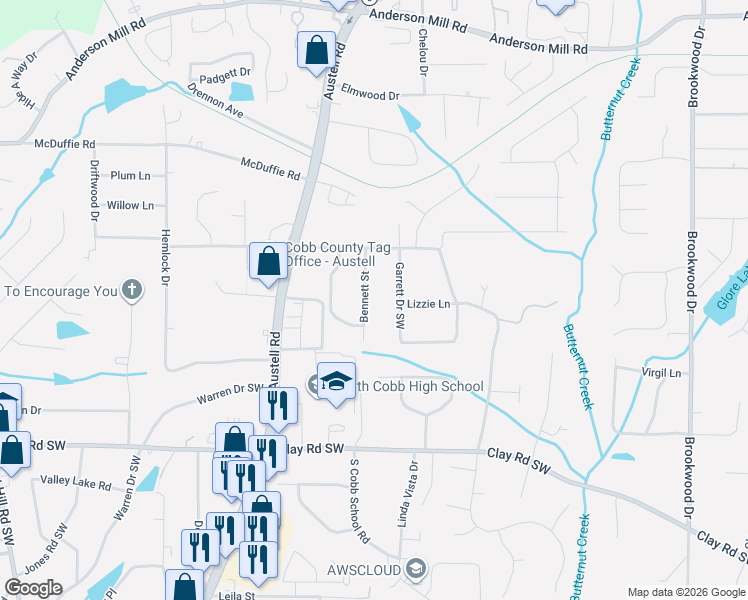 map of restaurants, bars, coffee shops, grocery stores, and more near 4729 Bennett Street in Austell