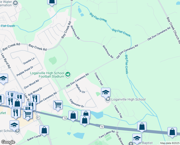 map of restaurants, bars, coffee shops, grocery stores, and more near Old Zion Cemetery Road in Loganville