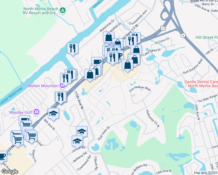 map of restaurants, bars, coffee shops, grocery stores, and more near 47 Shadow Moss Place in North Myrtle Beach