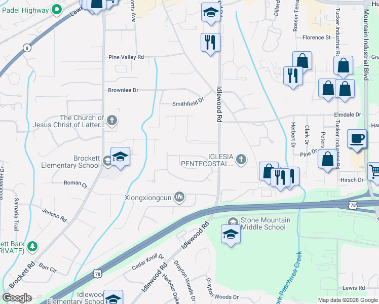 map of restaurants, bars, coffee shops, grocery stores, and more near 4220 Lawhon Drive in Tucker