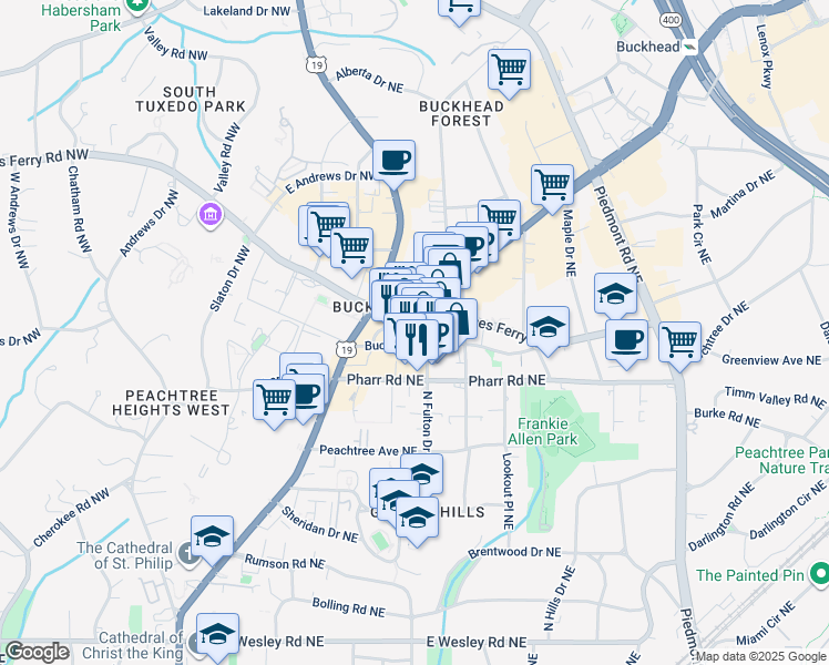 map of restaurants, bars, coffee shops, grocery stores, and more near 297 East Paces Ferry Road Northeast in Atlanta