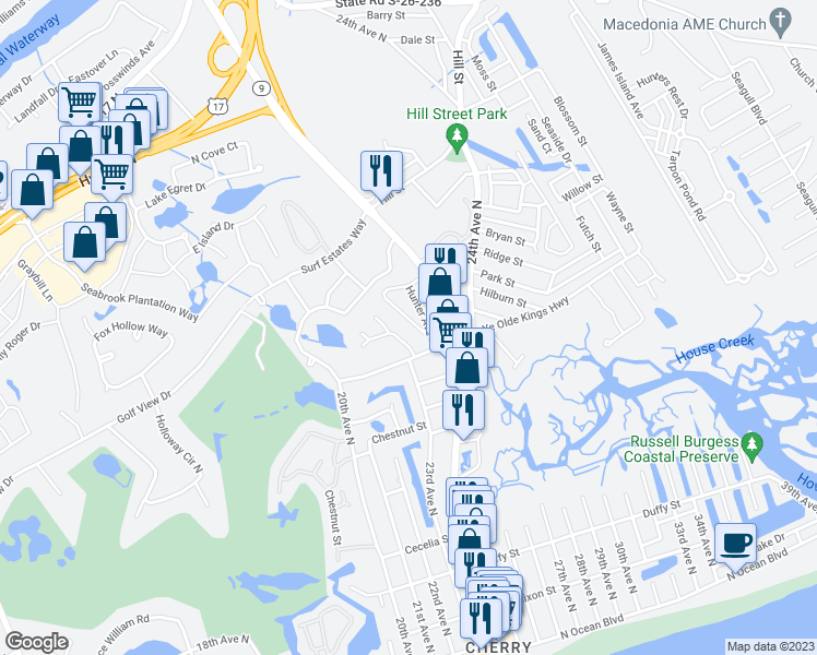 map of restaurants, bars, coffee shops, grocery stores, and more near 1013 Phyllis Street in North Myrtle Beach