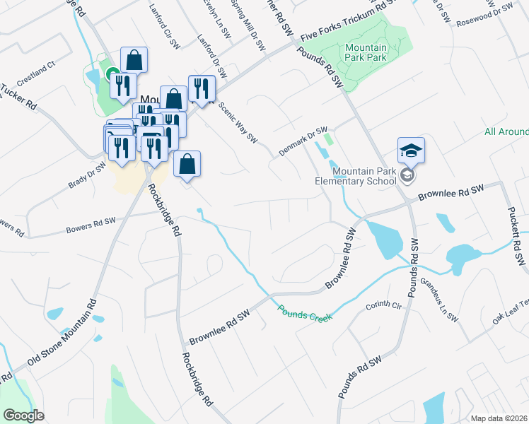 map of restaurants, bars, coffee shops, grocery stores, and more near 1467 Candleberry Court Southwest in Lilburn