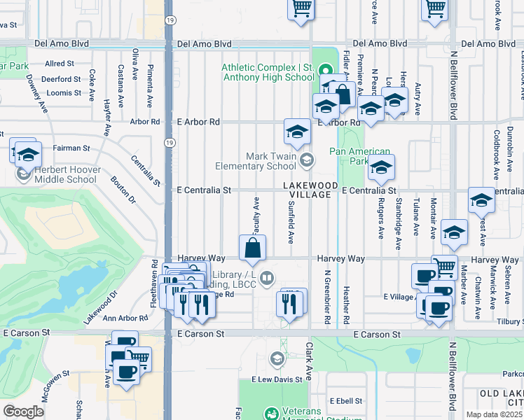map of restaurants, bars, coffee shops, grocery stores, and more near 4424 Faculty Avenue in Long Beach