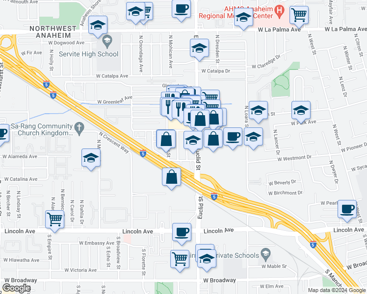 map of restaurants, bars, coffee shops, grocery stores, and more near 527 North Fairhaven Street in Anaheim