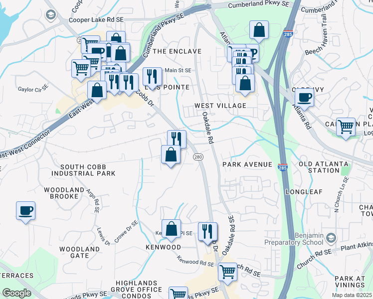 map of restaurants, bars, coffee shops, grocery stores, and more near 4900 South Cobb Industrial Boulevard Southeast in Smyrna