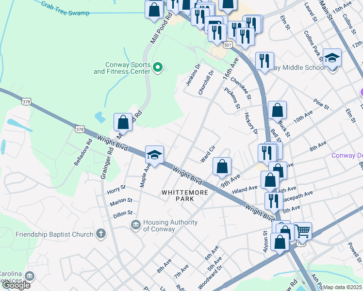 map of restaurants, bars, coffee shops, grocery stores, and more near 1704 Clara Lane in Conway