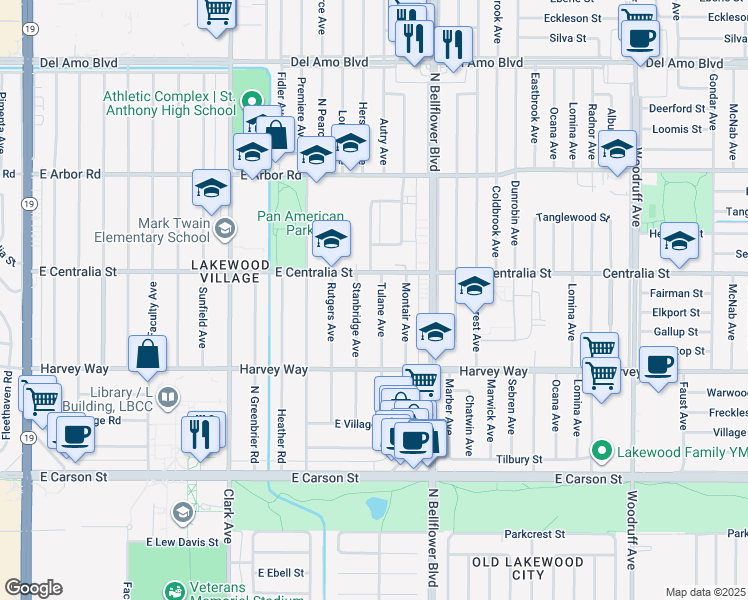 map of restaurants, bars, coffee shops, grocery stores, and more near 4427 Tulane Avenue in Long Beach
