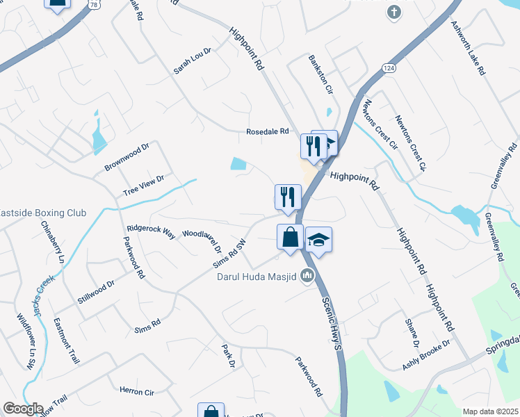 map of restaurants, bars, coffee shops, grocery stores, and more near 3225 Sims View Court in Snellville