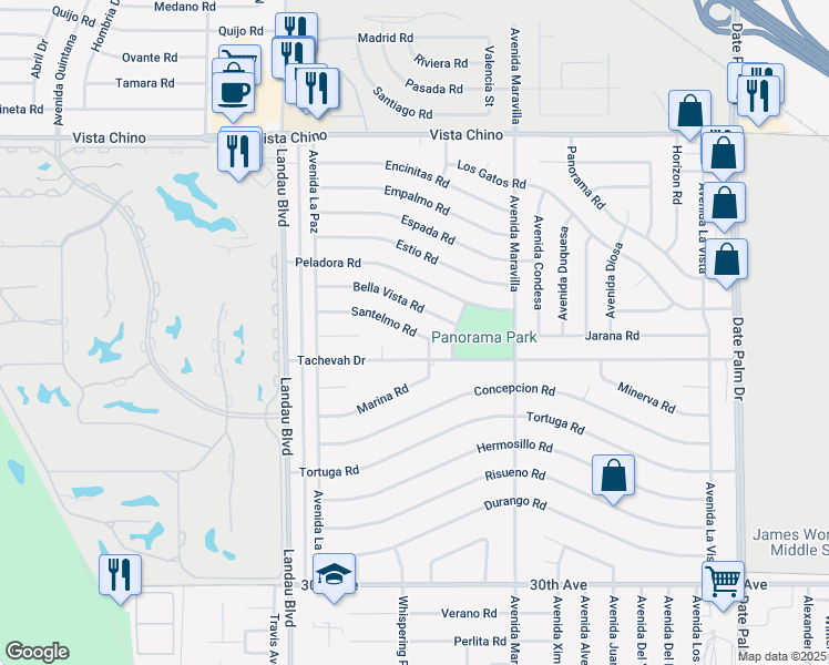 map of restaurants, bars, coffee shops, grocery stores, and more near 68260 Santelmo Road in Cathedral City
