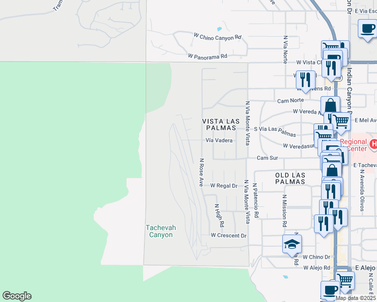 map of restaurants, bars, coffee shops, grocery stores, and more near 1176 Los Robles Drive in Palm Springs
