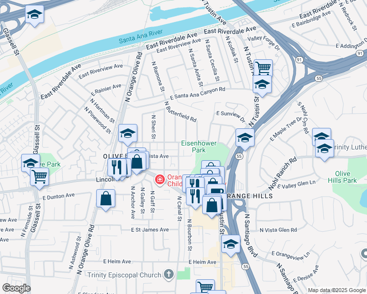 map of restaurants, bars, coffee shops, grocery stores, and more near 8581 Oceanview Avenue in Orange