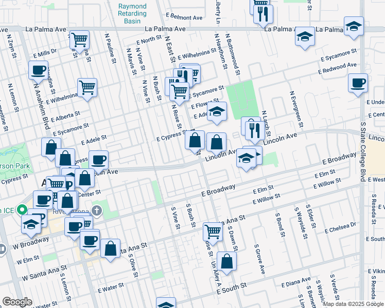 map of restaurants, bars, coffee shops, grocery stores, and more near 111 North East Street in Anaheim