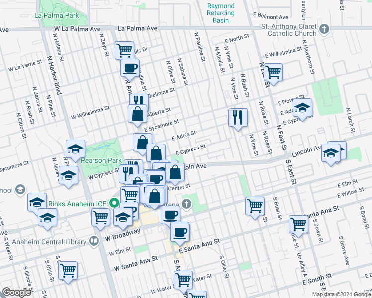 map of restaurants, bars, coffee shops, grocery stores, and more near 303 North Philadelphia Street in Anaheim