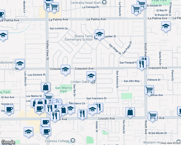 map of restaurants, bars, coffee shops, grocery stores, and more near 6402 Crescent Avenue in Buena Park