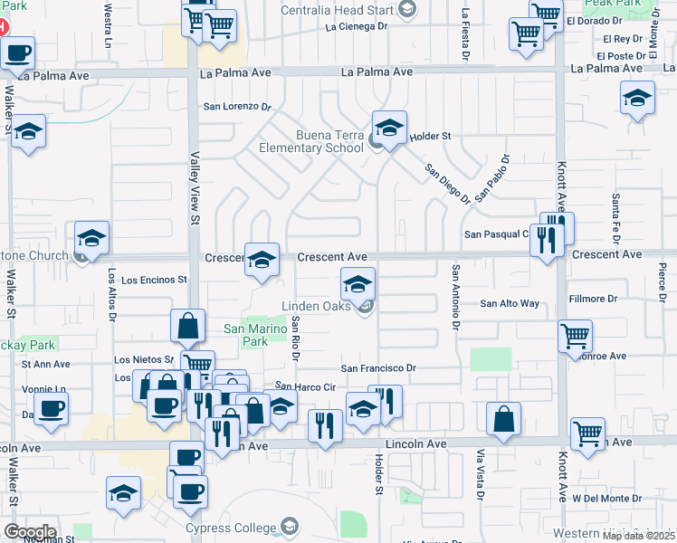 map of restaurants, bars, coffee shops, grocery stores, and more near 6402 Crescent Avenue in Buena Park