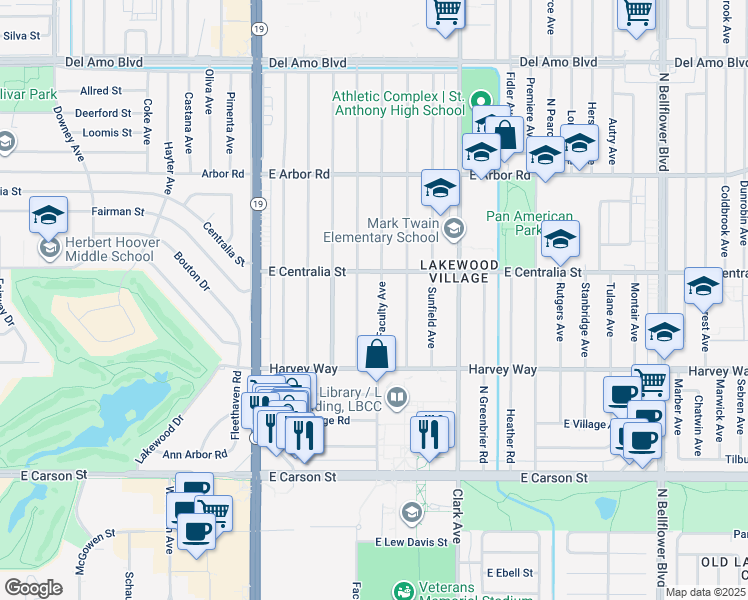 map of restaurants, bars, coffee shops, grocery stores, and more near 4424 Faculty Avenue in Long Beach