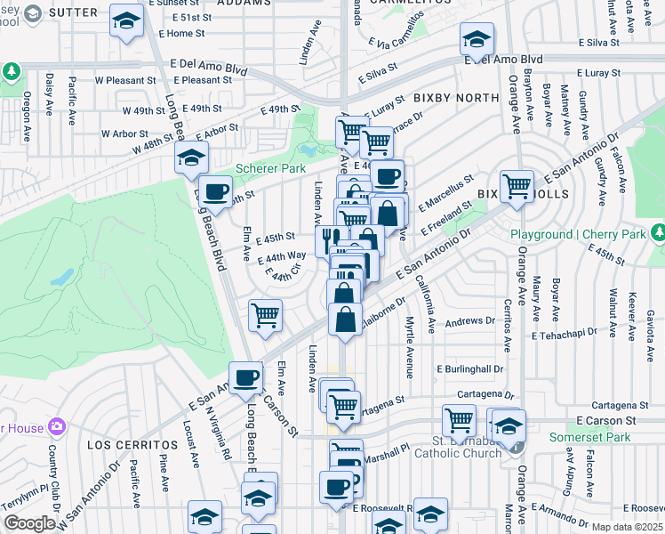 map of restaurants, bars, coffee shops, grocery stores, and more near 4462 Atlantic Avenue in Long Beach